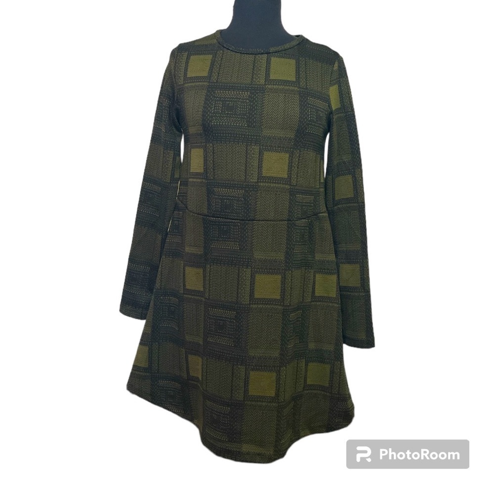 Super Cute Zara Deep Olive Green & Black Plaid Long Sleeves Dress EUC Size Small